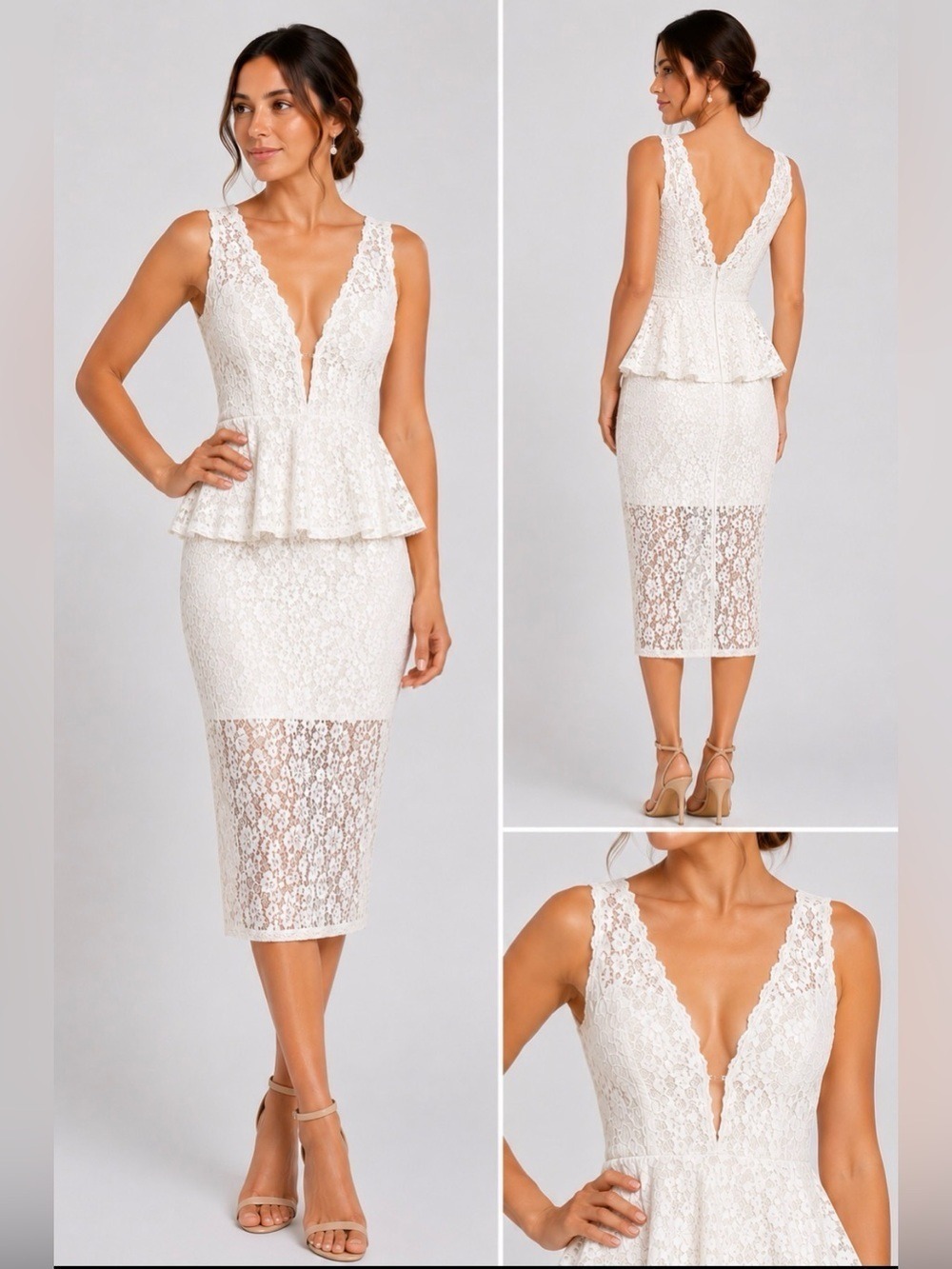 Chriselle Lace Peplum Midi Dress in Ivory V-Neck Sleeveless